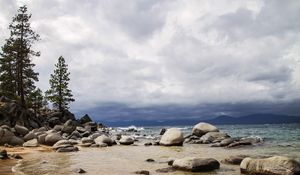 Preview wallpaper coast, stones, spruce, sea, sand
