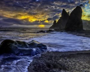 Preview wallpaper coast, stones, water, streams, sea, evening, decline, colors, twilight