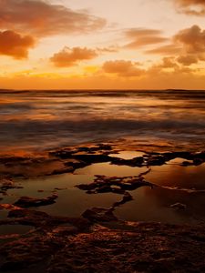 Preview wallpaper coast, stony, sea, pools, water, decline, evening, sky, landscape, waves