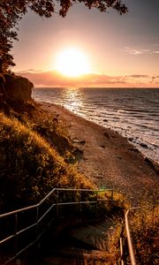 Preview wallpaper coast, sun, stairs, trees, branches