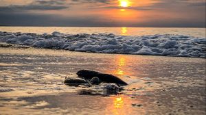 Preview wallpaper coast, sunset, waves, stone, horizon
