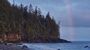 Preview wallpaper coast, trees, forest, water, rainbow, landscape