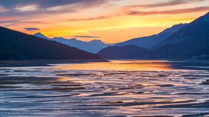 Preview wallpaper coast, water, hills, sunset