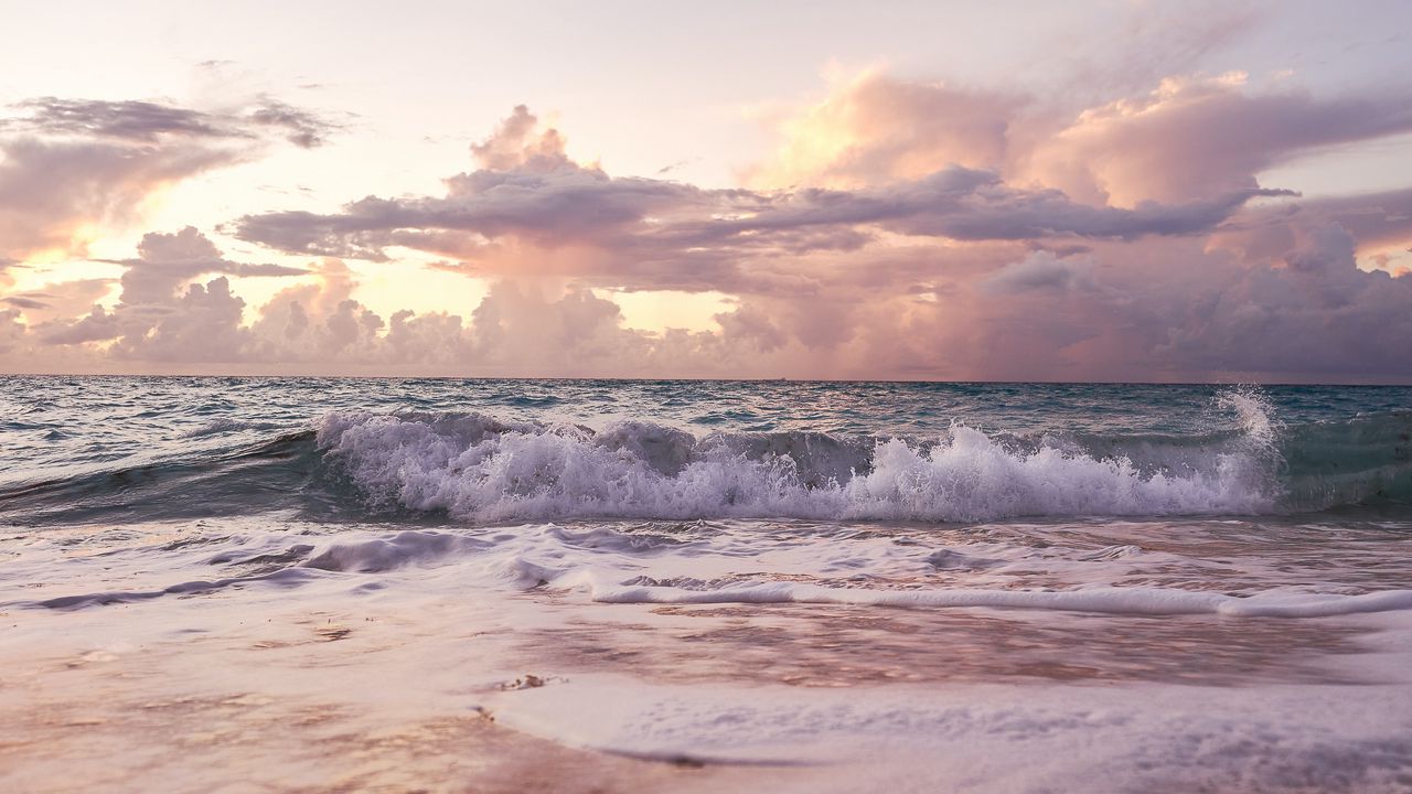 Wallpaper coast, waves, horizon, sunset