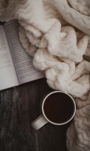 Preview wallpaper cocoa, drink, mug, plaid, book, reading, aesthetics
