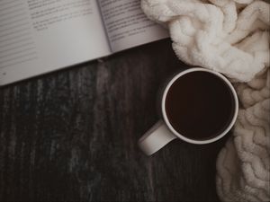 Preview wallpaper cocoa, drink, mug, plaid, book, reading, aesthetics