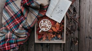 Preview wallpaper cocoa, marshmallow, autumn, plaid, book