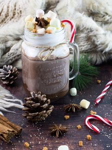 Preview wallpaper cocoa, marshmallow, mug, pine cones, spices, new year, christmas