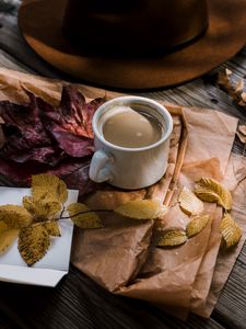 Preview wallpaper coffee, autumn, hat, foliage