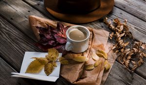 Preview wallpaper coffee, autumn, hat, foliage