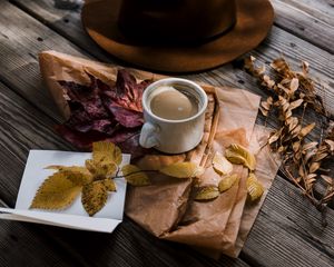 Preview wallpaper coffee, autumn, hat, foliage