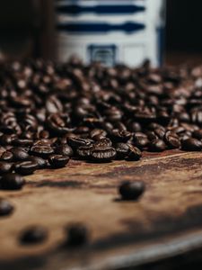 Preview wallpaper coffee beans, beans, brown, macro, wooden