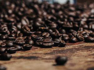 Preview wallpaper coffee beans, beans, brown, macro, wooden