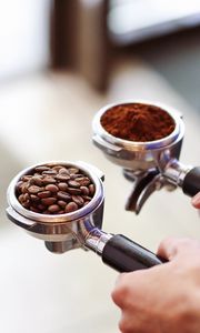 Preview wallpaper coffee beans, beans, ground coffee, hands, barista