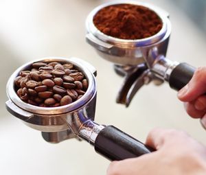 Preview wallpaper coffee beans, beans, ground coffee, hands, barista