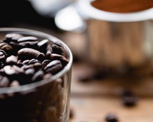 Preview wallpaper coffee beans, coffee, glass, glassy, surface