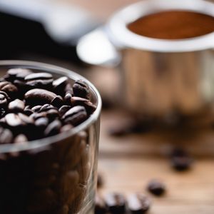 Preview wallpaper coffee beans, coffee, glass, glassy, surface