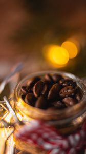 Preview wallpaper coffee beans, coffee, jar, macro