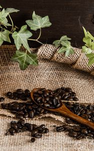 Preview wallpaper coffee, beans, spoon, burlap