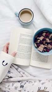 Preview wallpaper coffee, book, berries, breakfast, aesthetics