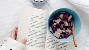 Preview wallpaper coffee, book, berries, breakfast, aesthetics