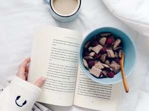 Preview wallpaper coffee, book, berries, breakfast, aesthetics