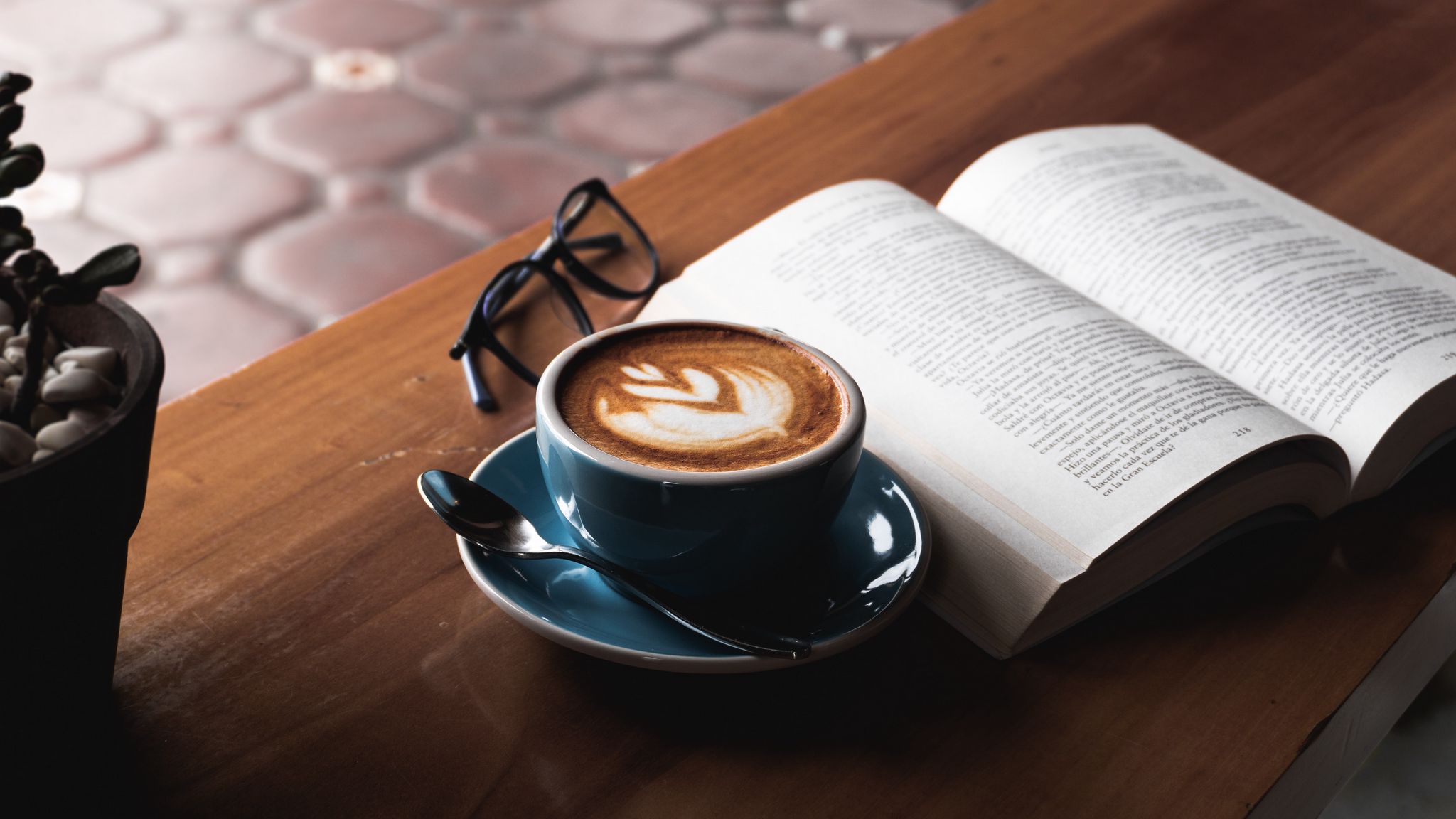 2048x1152 Wallpaper coffee, book, glasses, drink, cup, table