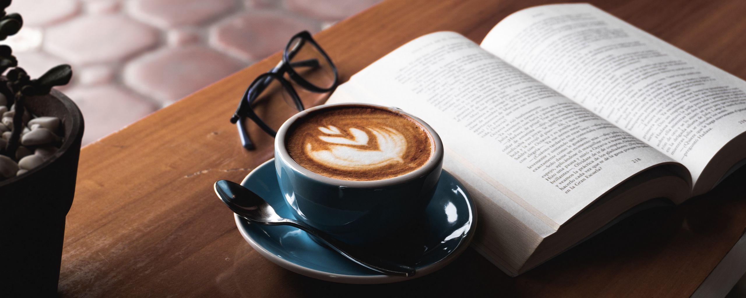 2560x1024 Wallpaper coffee, book, glasses, drink, cup, table