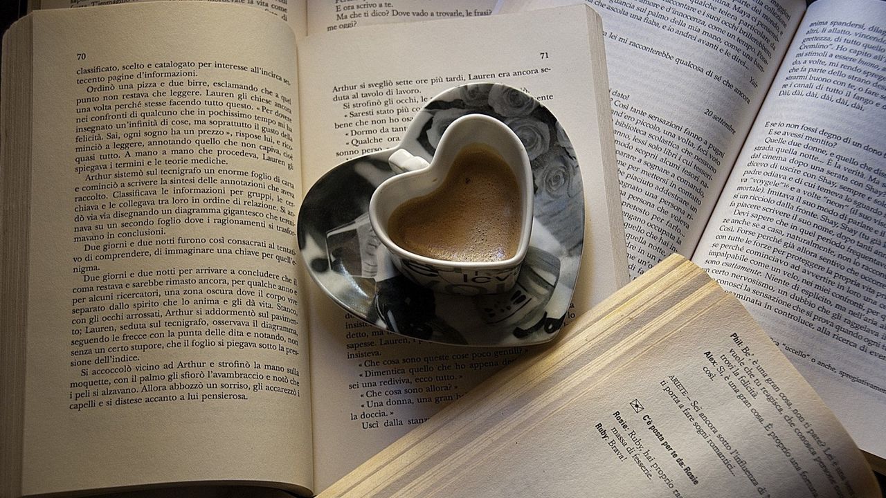 Wallpaper coffee, book, page, mug, heart