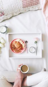 Preview wallpaper coffee, breakfast, croissant, aesthetics, white