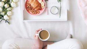 Preview wallpaper coffee, breakfast, croissant, aesthetics, white