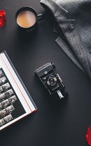 Preview wallpaper coffee, camera, jacket, black background, retro