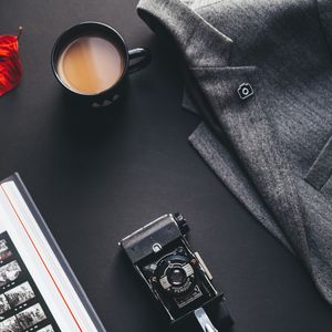 Preview wallpaper coffee, camera, jacket, black background, retro