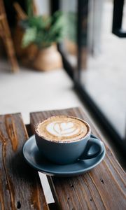 Preview wallpaper coffee, cappuccino, cup, wooden surface