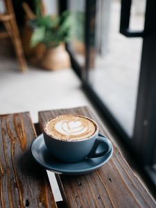 Preview wallpaper coffee, cappuccino, cup, wooden surface