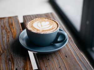 Preview wallpaper coffee, cappuccino, cup, wooden surface