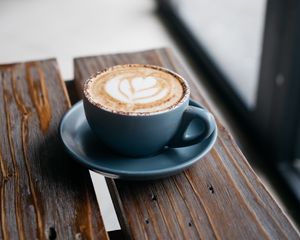 Preview wallpaper coffee, cappuccino, cup, wooden surface