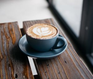 Preview wallpaper coffee, cappuccino, cup, wooden surface