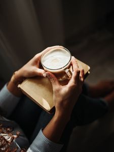 Preview wallpaper coffee, cappuccino, drink, hands, book