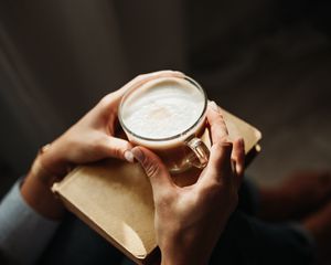 Preview wallpaper coffee, cappuccino, drink, hands, book