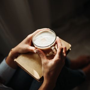 Preview wallpaper coffee, cappuccino, drink, hands, book