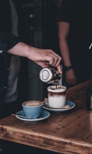 Preview wallpaper coffee, cappuccino, drinks, hand, cups, barista