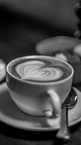 Preview wallpaper coffee, cappuccino, foam, cup, drink, black and white