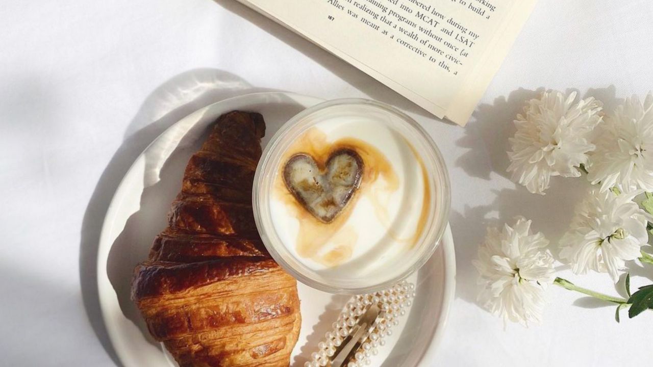 Wallpaper coffee, cappuccino, heart, croissant, aesthetics