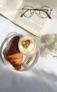 Preview wallpaper coffee, cappuccino, heart, croissant, aesthetics