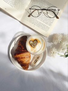 Preview wallpaper coffee, cappuccino, heart, croissant, aesthetics