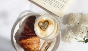 Preview wallpaper coffee, cappuccino, heart, croissant, aesthetics