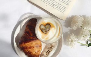 Preview wallpaper coffee, cappuccino, heart, croissant, aesthetics