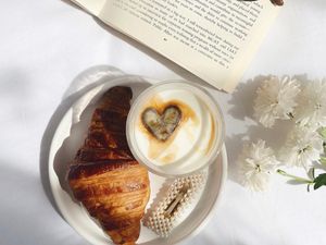 Preview wallpaper coffee, cappuccino, heart, croissant, aesthetics