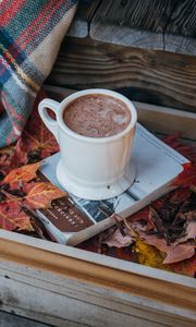 Preview wallpaper coffee, cocoa, cup, book, leaves, plaid, autumn